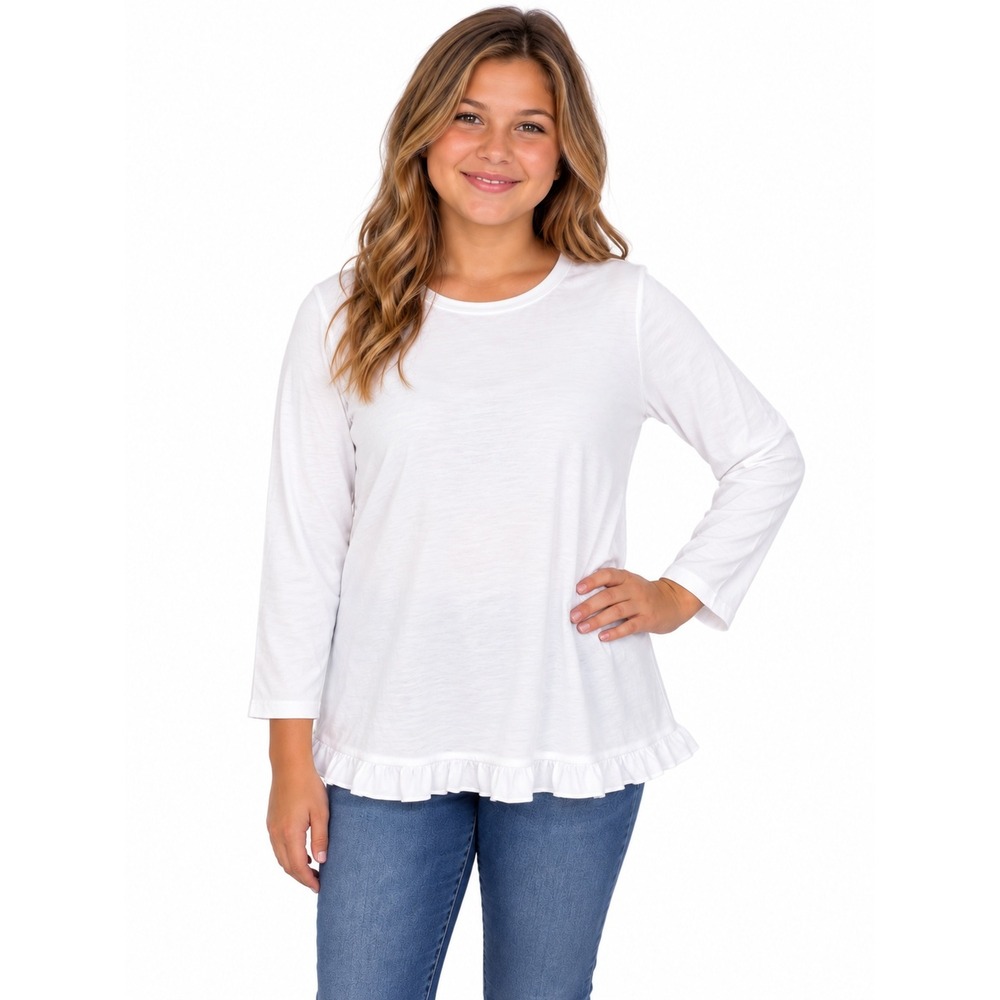 Lilly Pulitzer Girls XL 12-14 White Cotton Ruffle Hem Long Sleeve Top Gold Palm